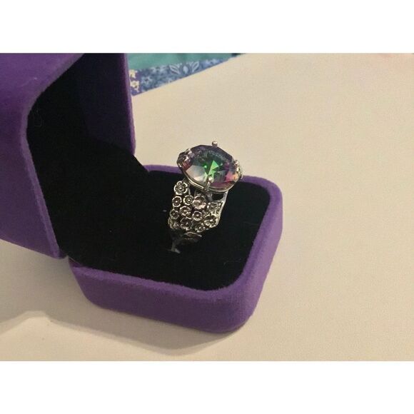 WOW~12.5 Ct. Round Mystic Topal Bold Floral Design Ring~925SS~Sz 9 - Picture 2 of 7